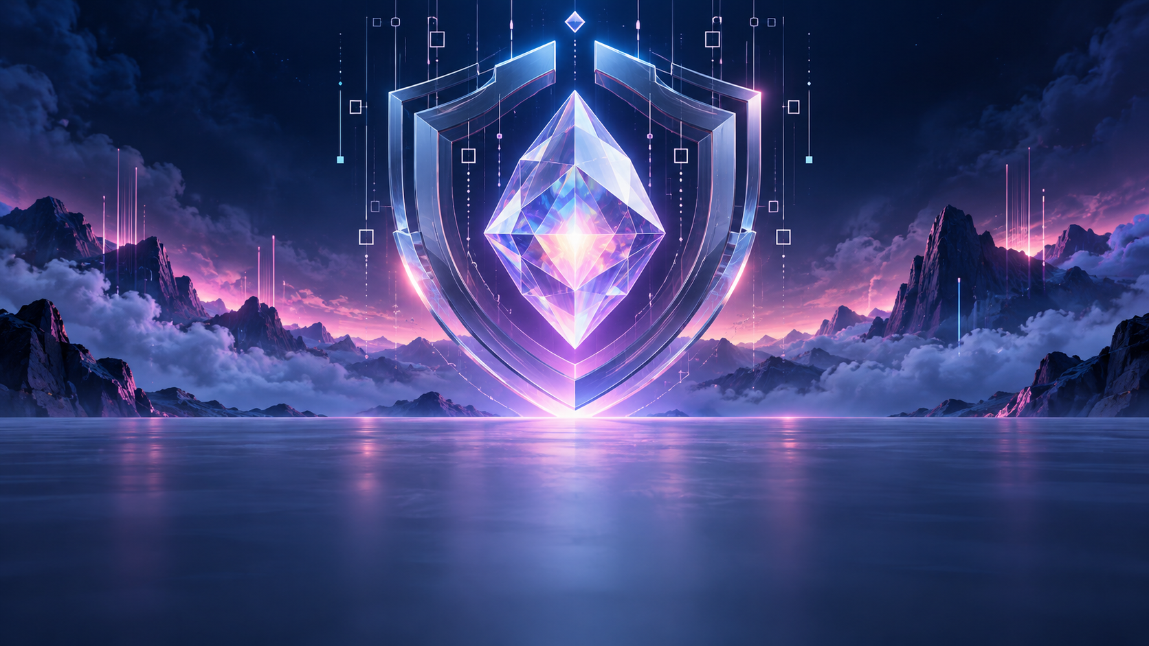 Luminous blue and magenta prism within an abstract shield, representing controlled access to cybersecurity AI.