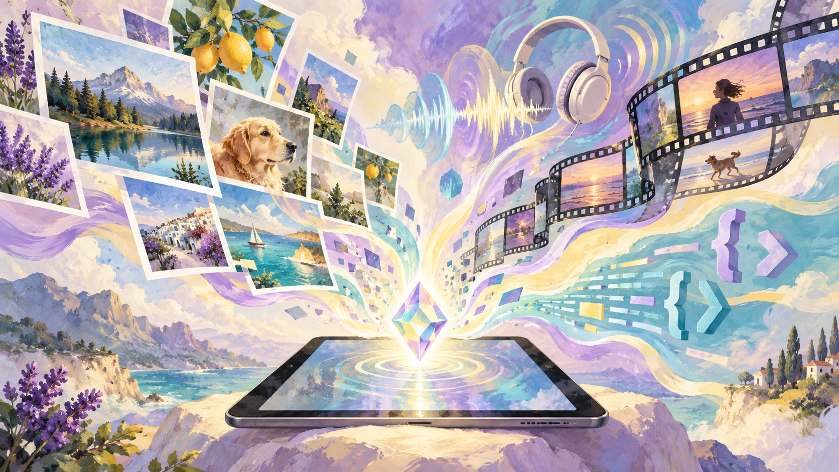 Gouache tablet with photo frames, audio ripples and film fragments converging into a conceptual gem.