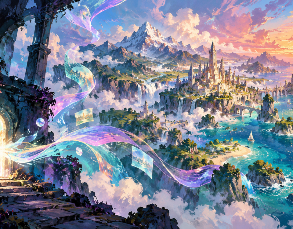Gouache landscape unfolding from a luminous portal into mountains, a city and a rippling sea.