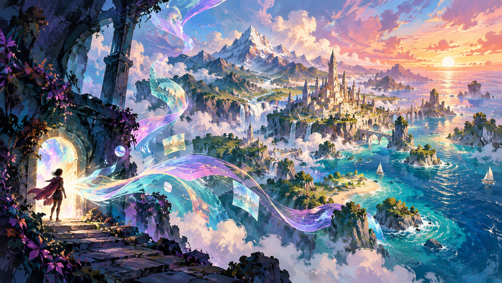 Gouache landscape unfolding from a luminous portal into mountains, a city and a rippling sea.
