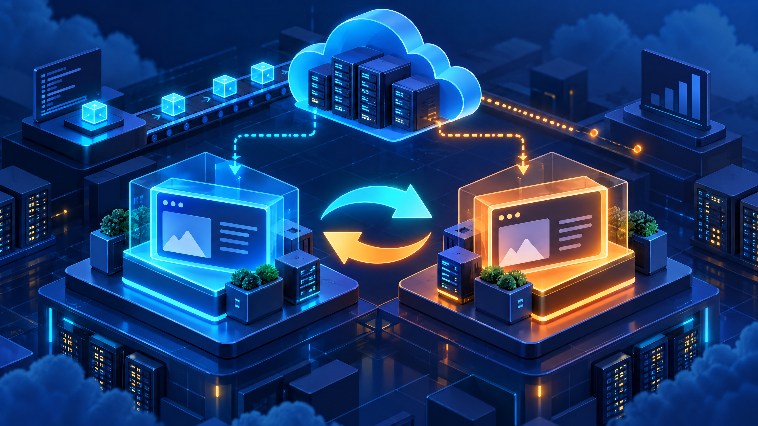 Indigo and cyan technical illustration of two Azure App Service environments connected by a glowing swap arrow