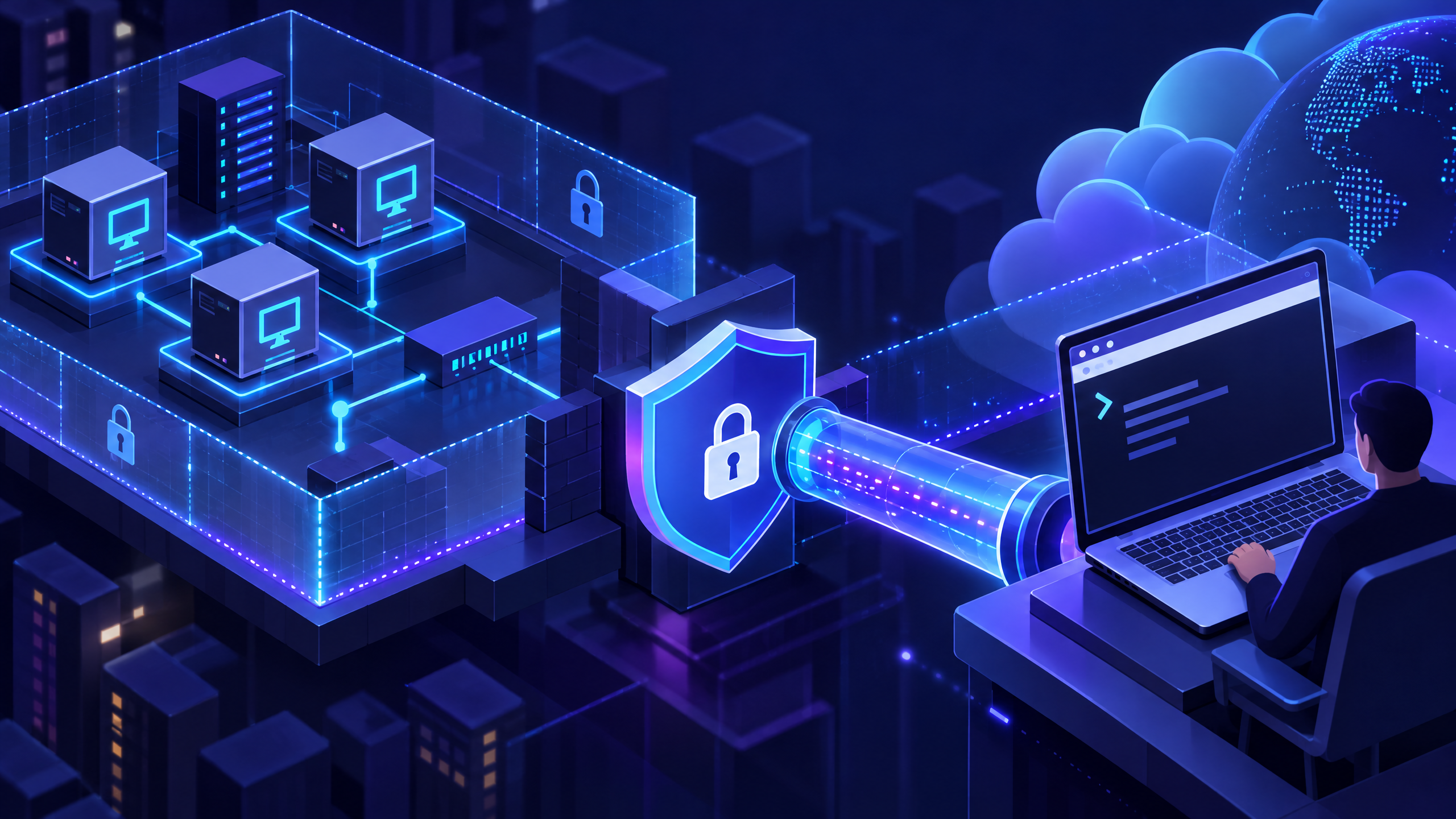 Deep navy and cyan technical illustration of an Azure Bastion secure gateway connecting a browser terminal to private virtual machines