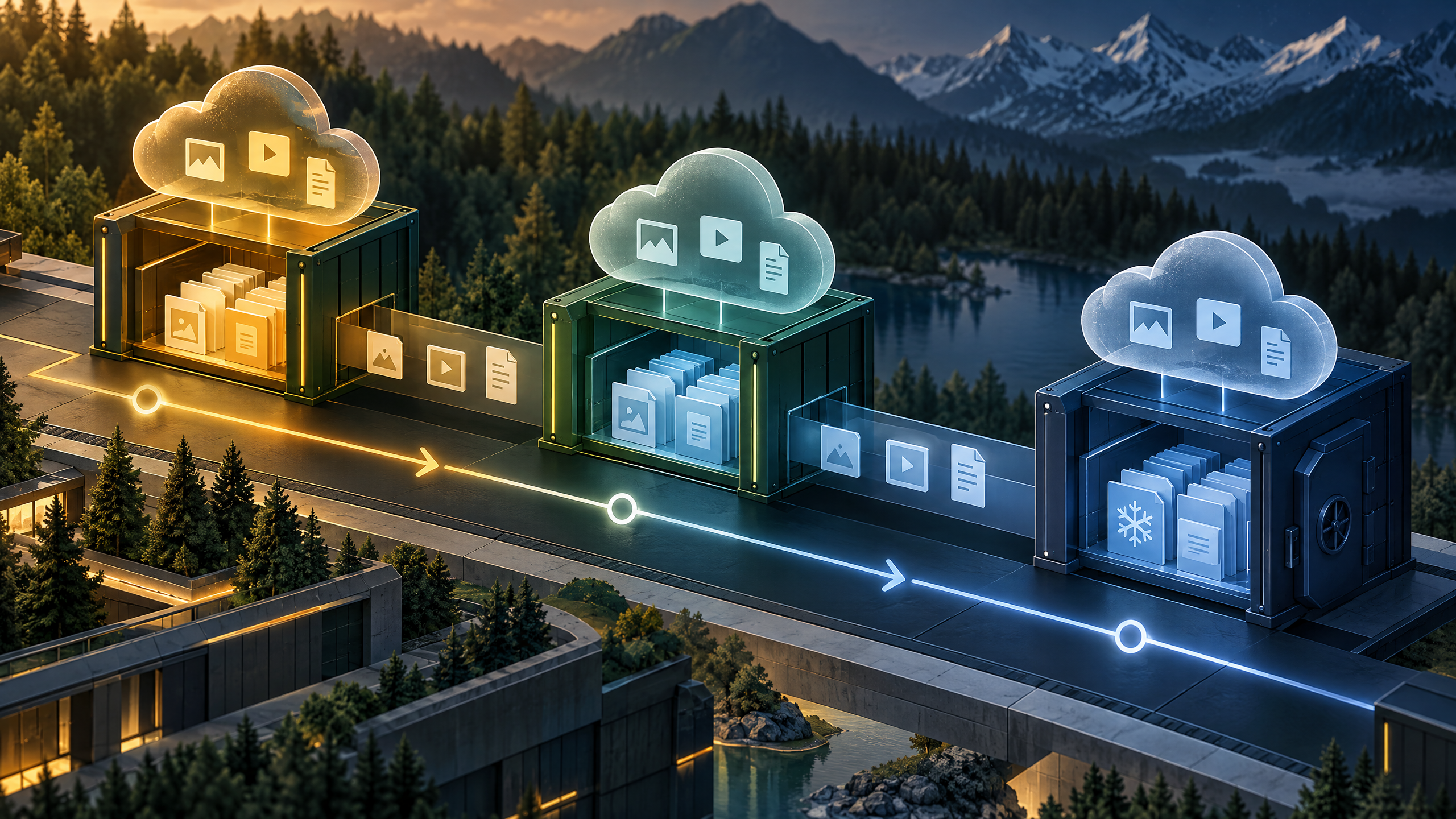 Forest green and amber technical illustration of cloud storage objects moving through hot, cool, and archive tiers