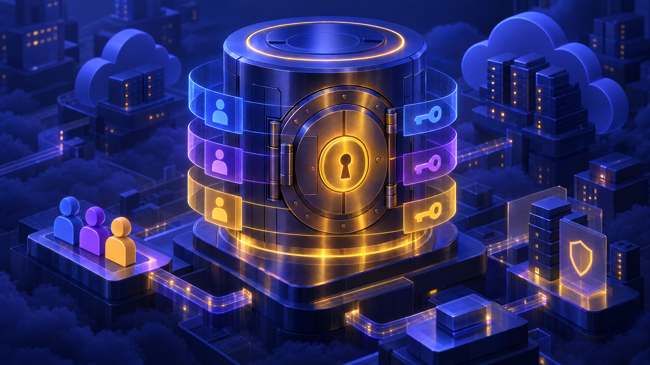 Indigo and violet secure vault illustration with layered access rings and identity key shapes