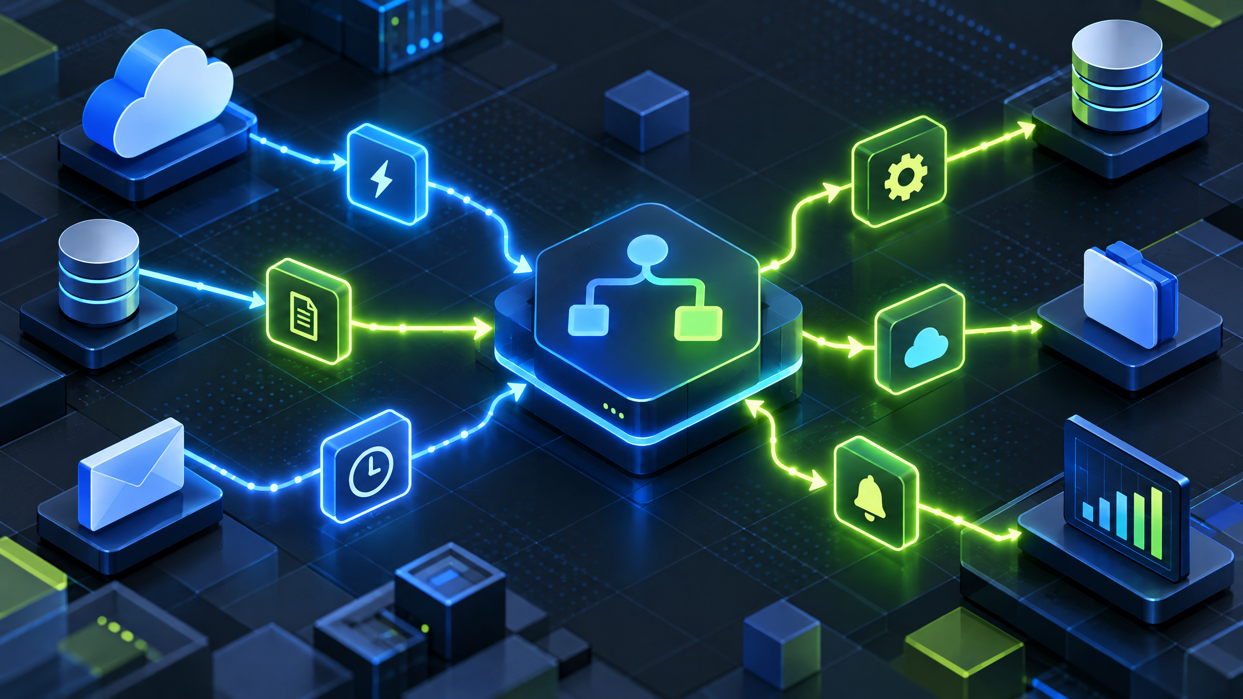 Blue and lime technical illustration of cloud services connected by workflow trigger and action nodes