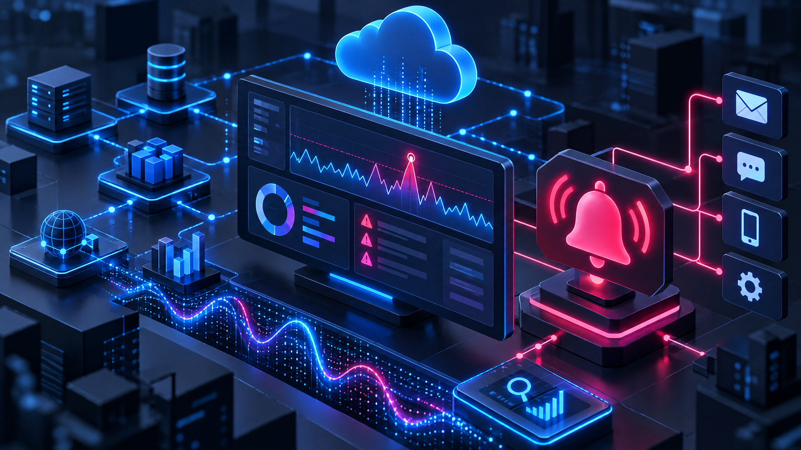 Blue and magenta technical illustration of an Azure monitoring signal, alert bell, and connected cloud resources