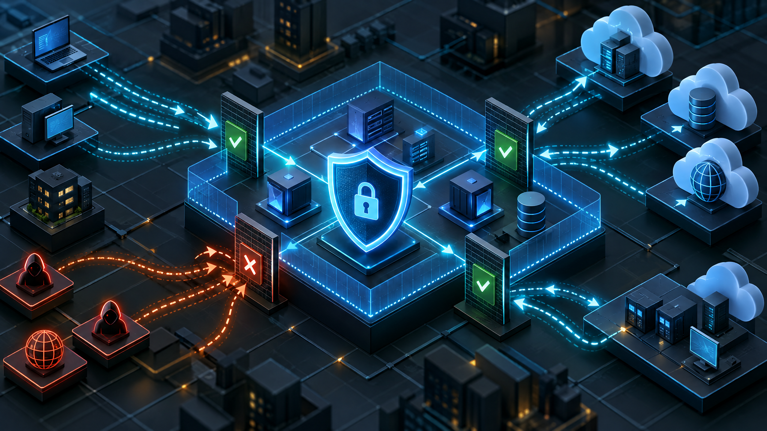 Graphite and cyan technical illustration of an Azure virtual network protected by layered traffic gates and a shield