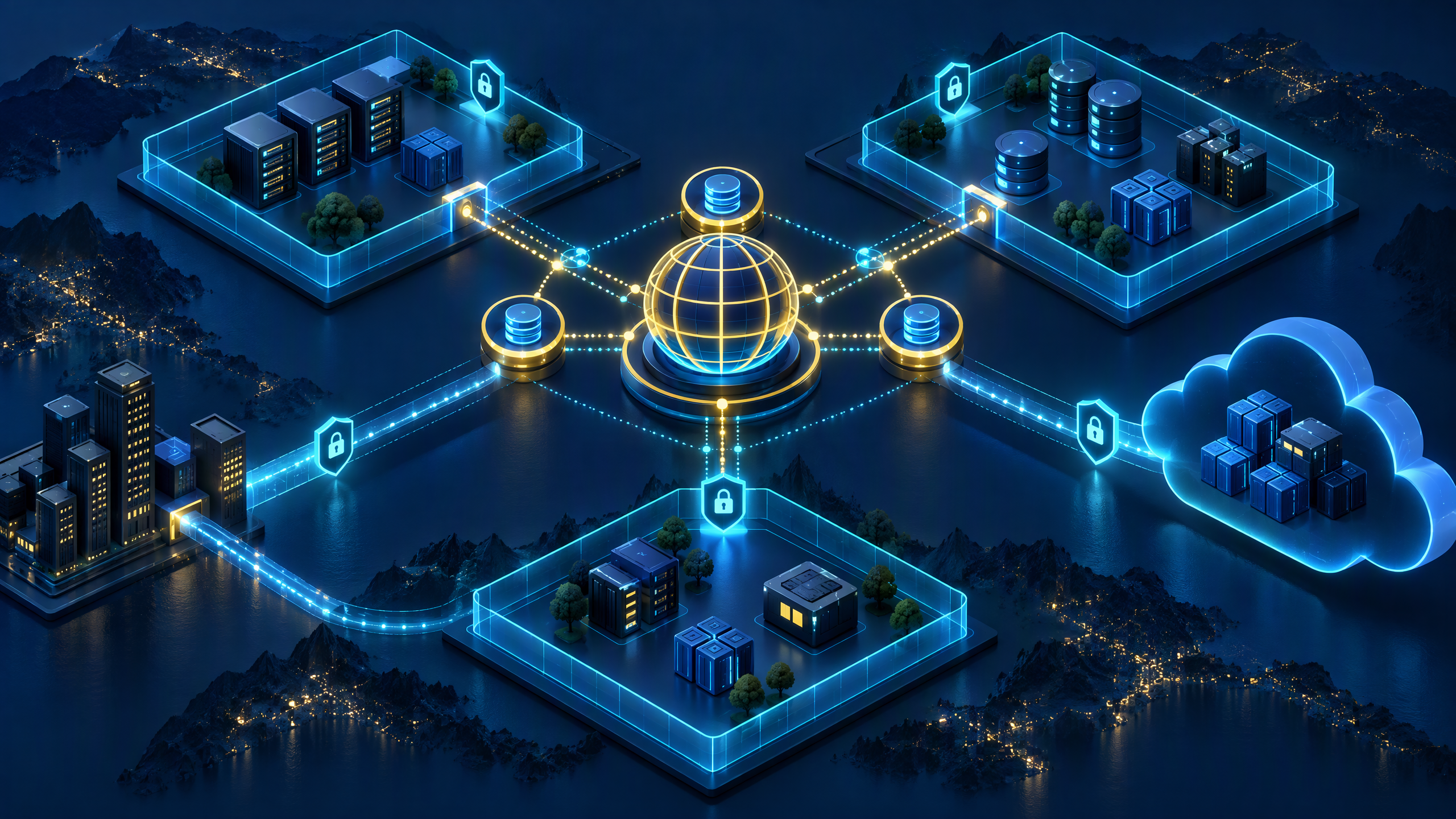 Midnight blue and cyan technical illustration of virtual networks linked by glowing private DNS nodes
