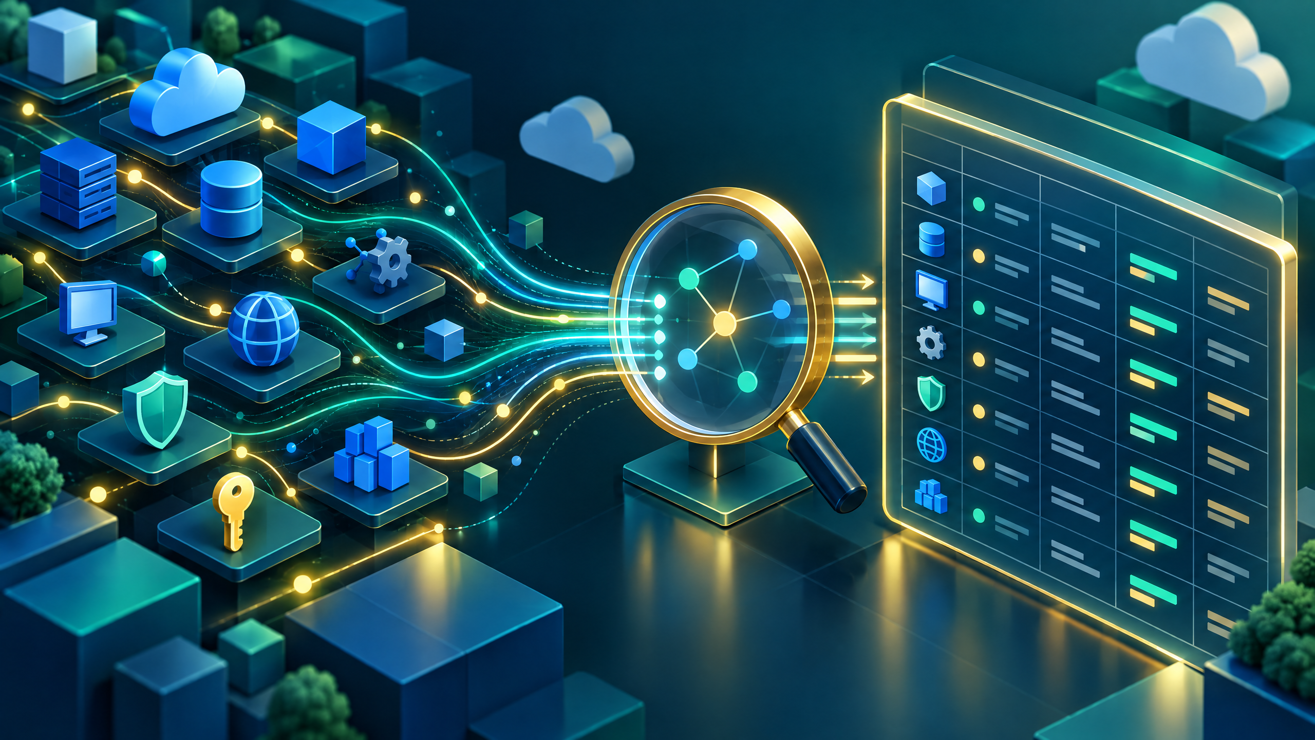 Emerald and cobalt technical illustration of cloud resource nodes flowing into a query lens and organized results