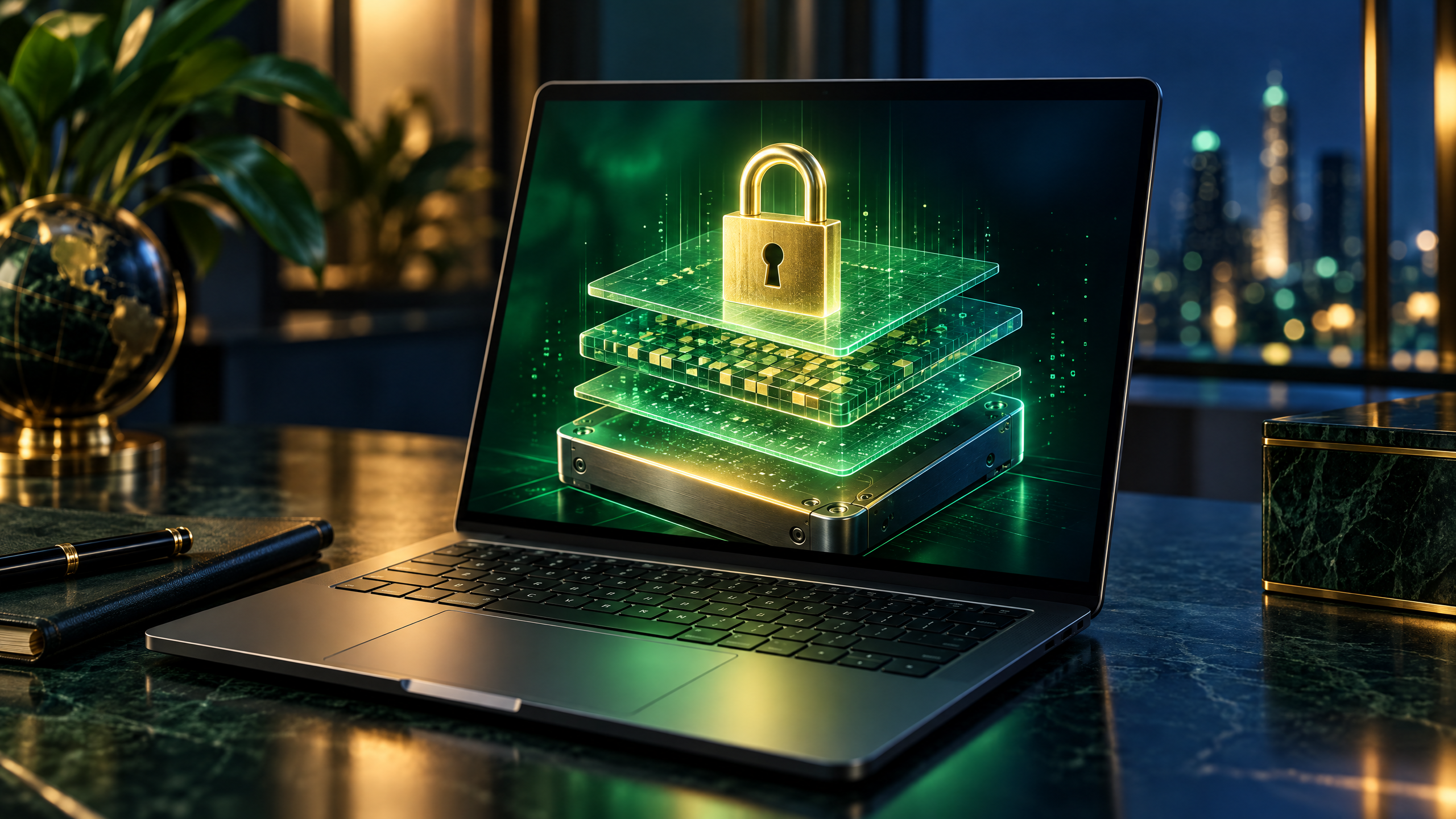 Emerald and gold editorial illustration of a secure laptop drive protected by a glowing padlock
