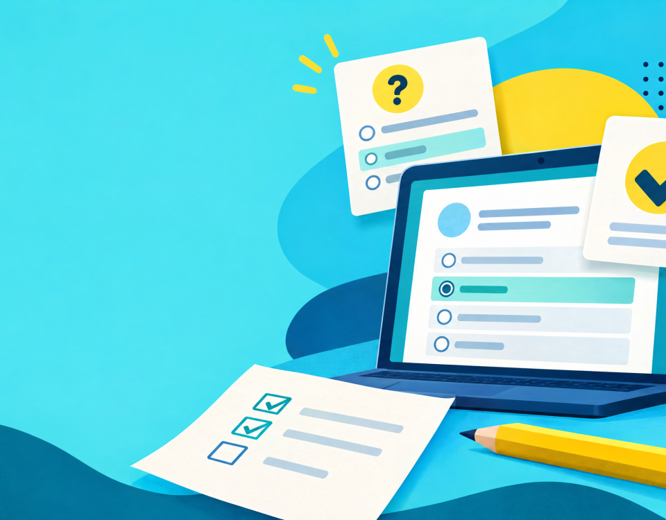 Turquoise and yellow editorial illustration of quiz answer cards and checkmarks on a digital form