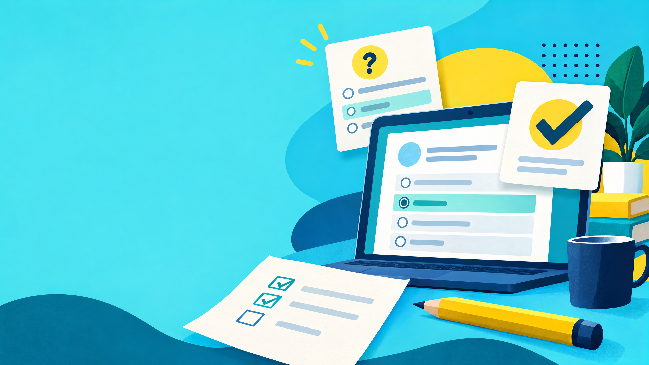 Turquoise and yellow editorial illustration of quiz answer cards and checkmarks on a digital form