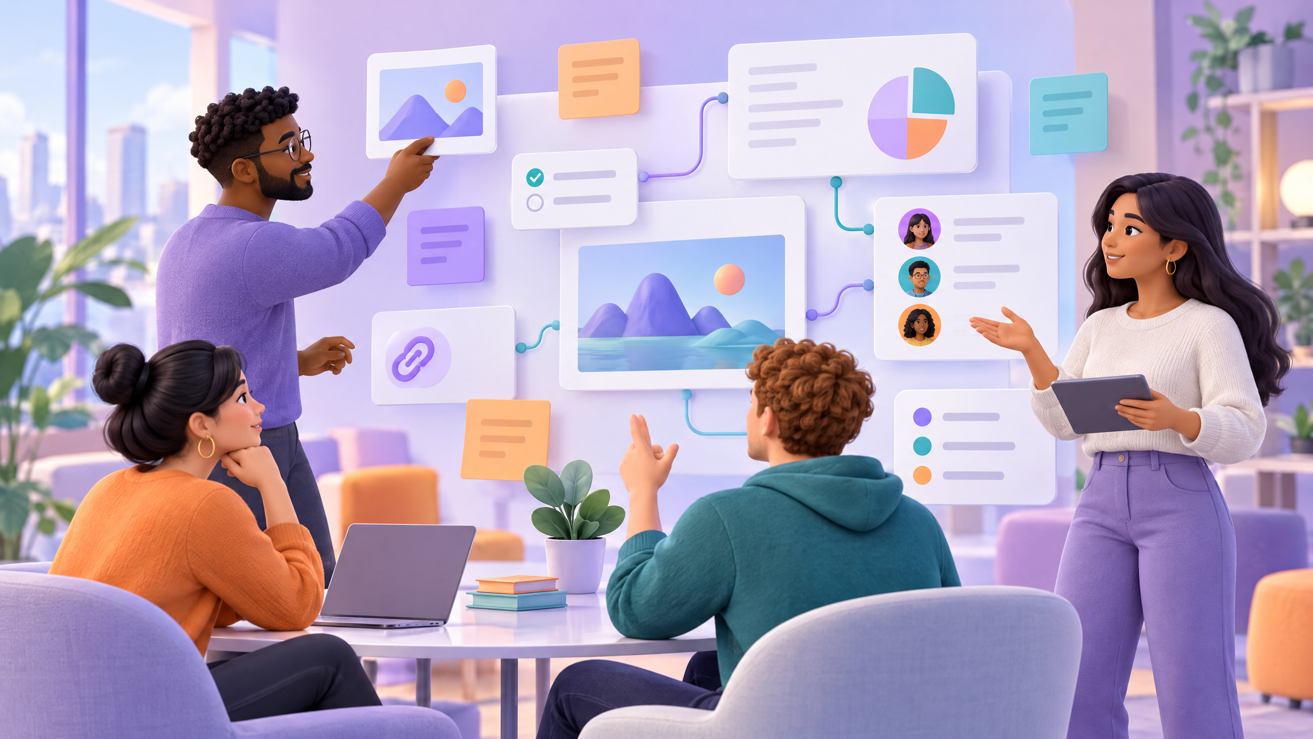 Lavender and turquoise editorial illustration of a Microsoft Loop-style collaborative workspace with connected notes, tasks, links, and people