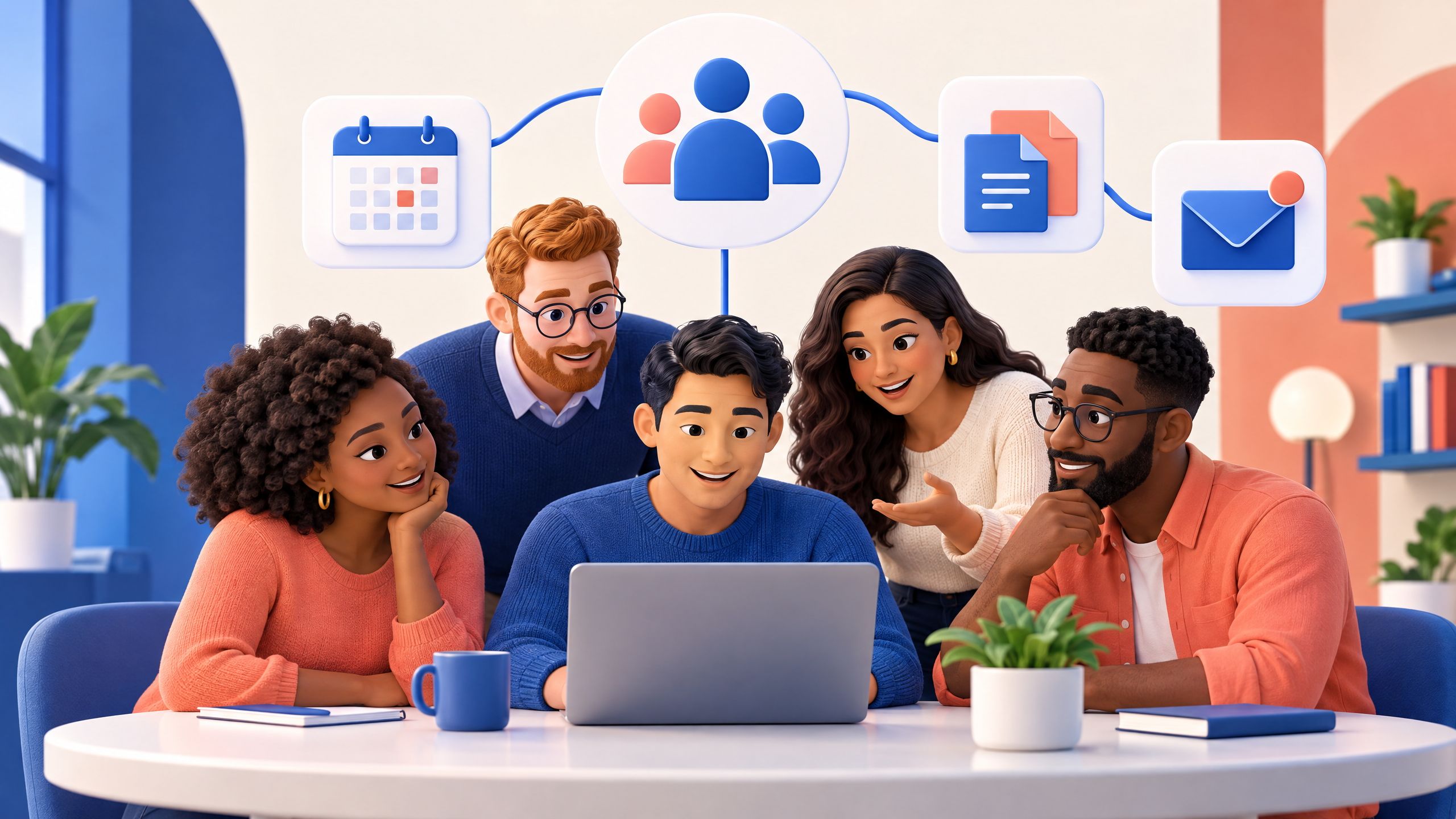 Royal blue and coral editorial illustration of people connected to shared calendar, files, and inbox symbols
