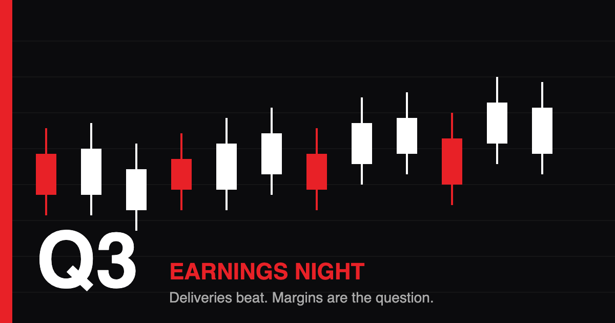 Red and white candlestick chart on a black background with Q3 earnings night text