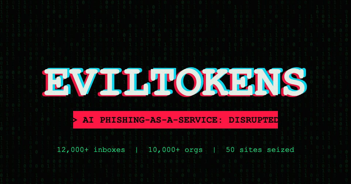 Glitched red and cyan EVILTOKENS text over green binary code on a black terminal background