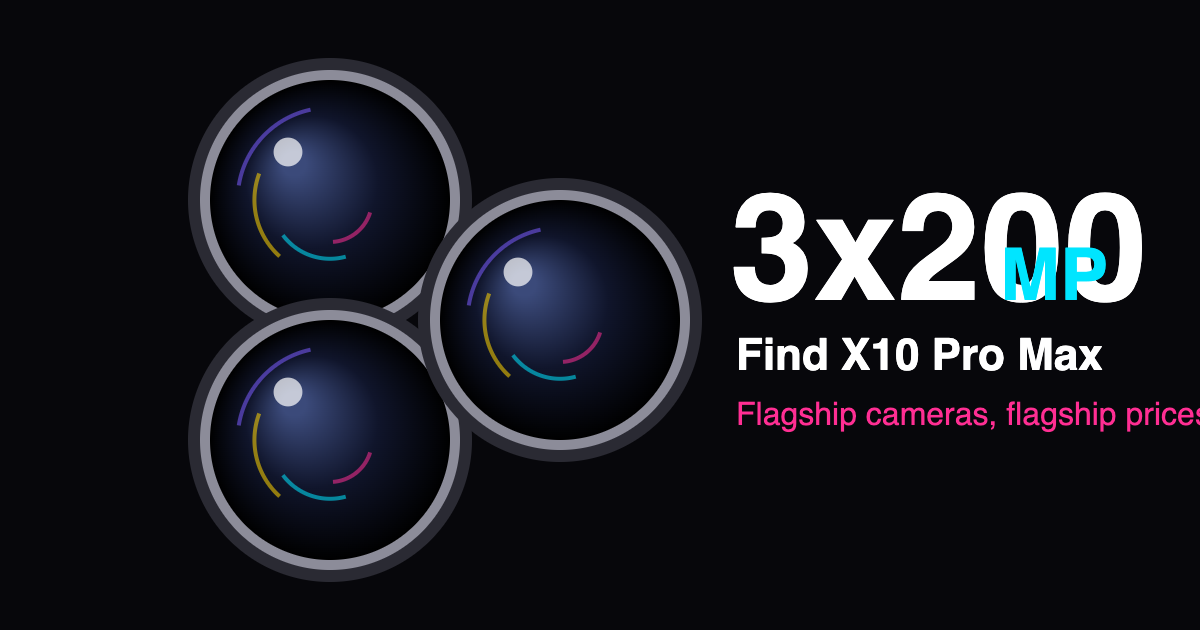 Three camera lenses with colourful reflections on a black background with the text 3x200MP Find X10 Pro Max