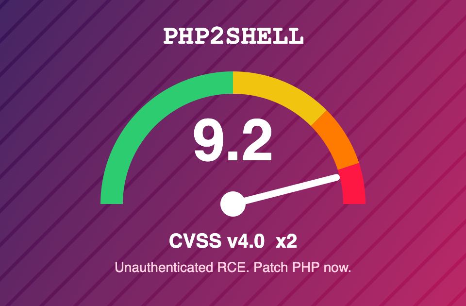 Speedometer-style gauge showing a CVSS score of 9.2 in the red zone on a purple and pink background