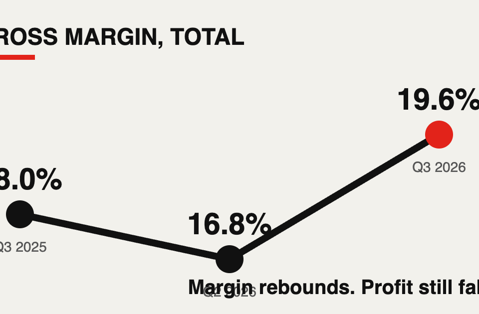 Minimal line chart showing Tesla gross margin at 18.0 percent, falling to 16.8 percent, then recovering to 19.6 percent