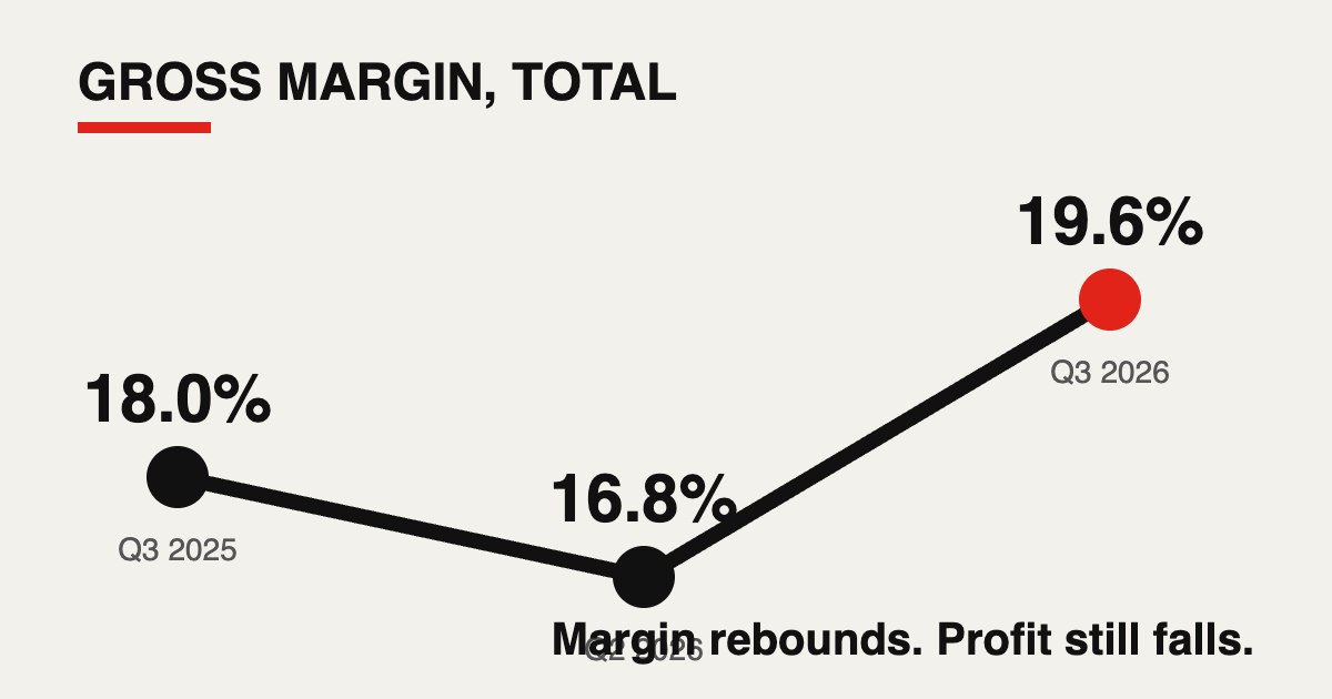 Minimal line chart showing Tesla gross margin at 18.0 percent, falling to 16.8 percent, then recovering to 19.6 percent