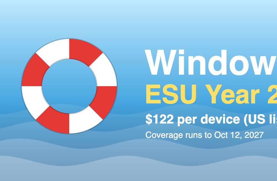 Red and white lifebuoy floating on blue waves with the text Windows 10 ESU Year 2 and 122 dollars per device