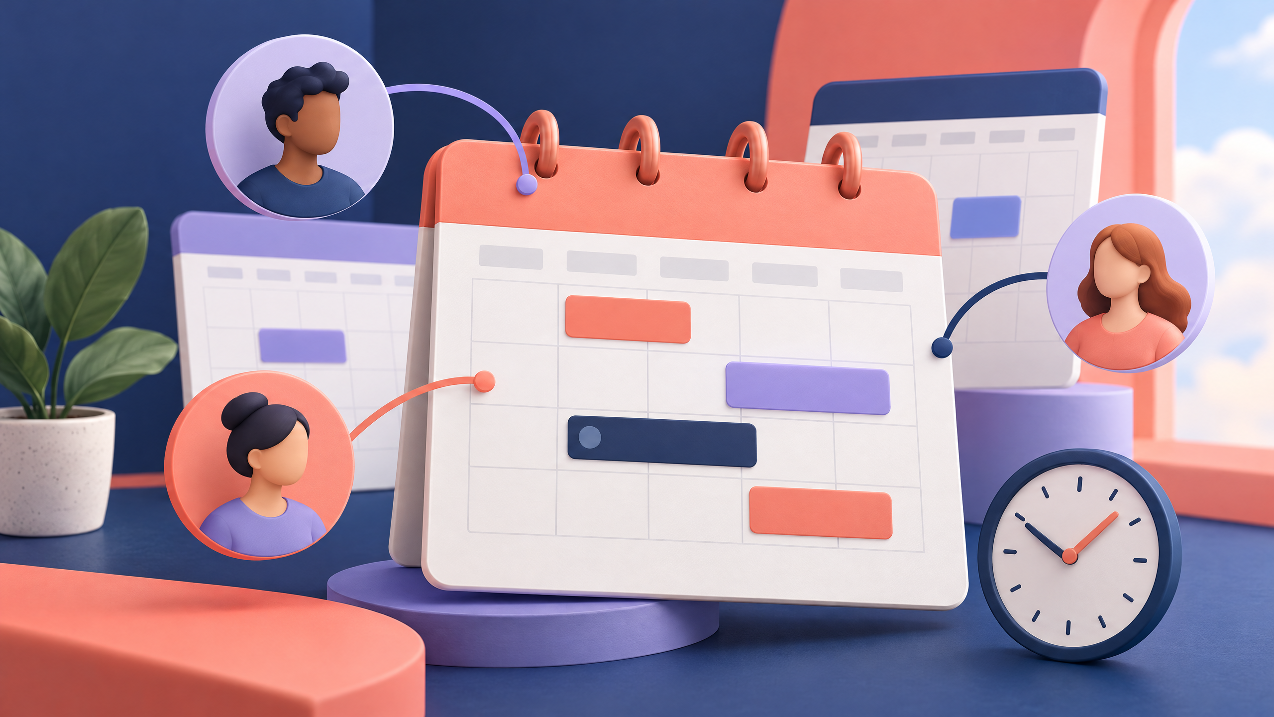 Coral and lavender editorial illustration of layered calendar pages, shared time blocks, and people icons