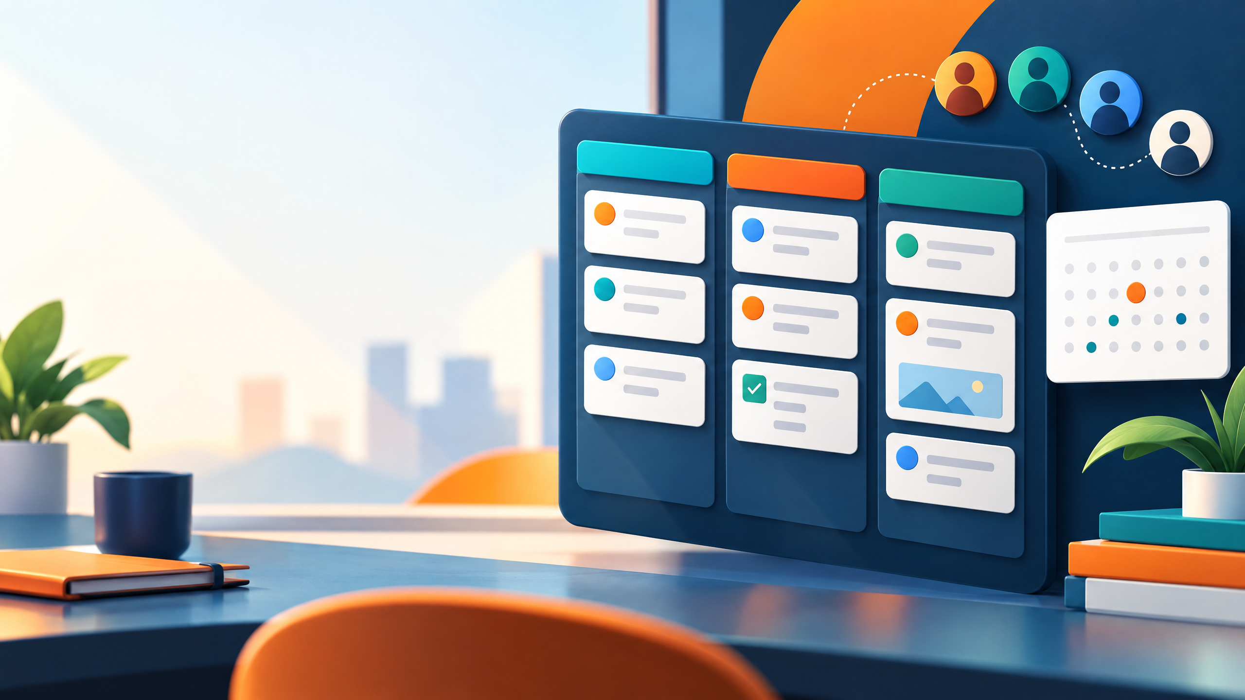Orange and teal editorial illustration of a team task board, calendar markers, and project cards