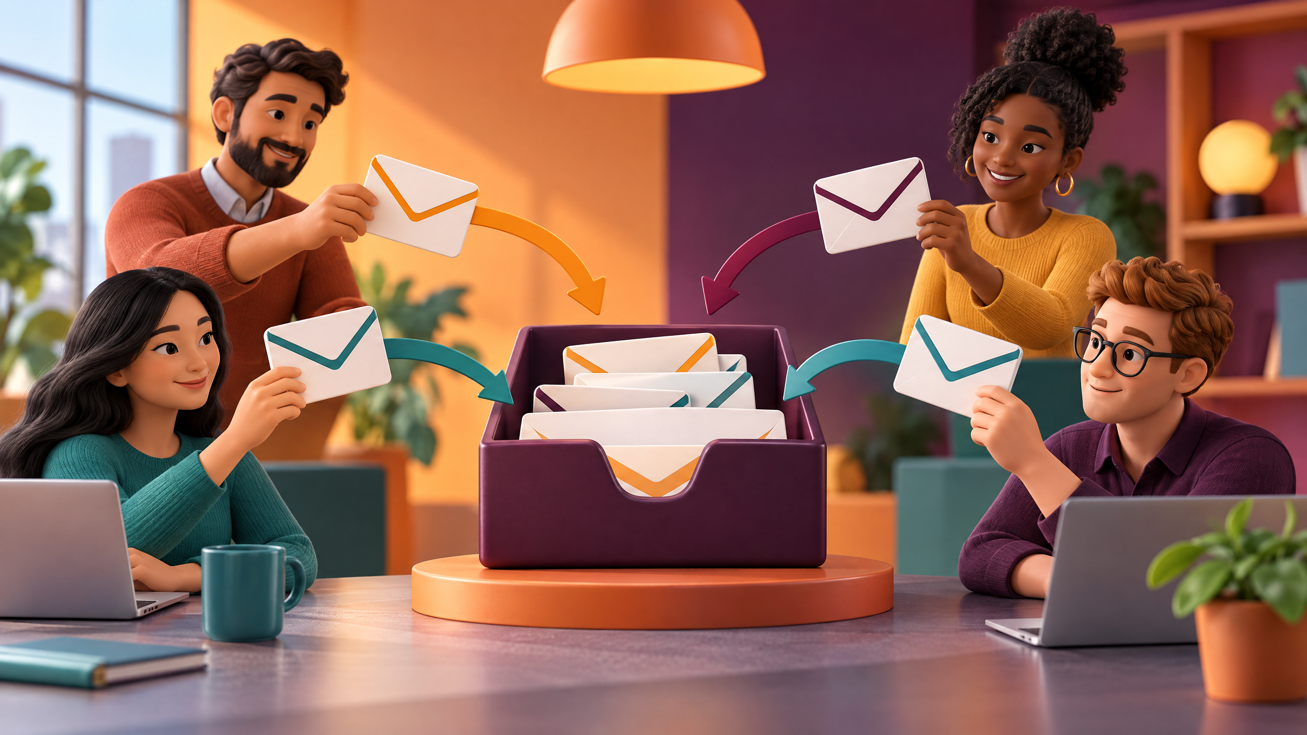 Orange and teal editorial illustration of a shared inbox with multiple people and email envelopes
