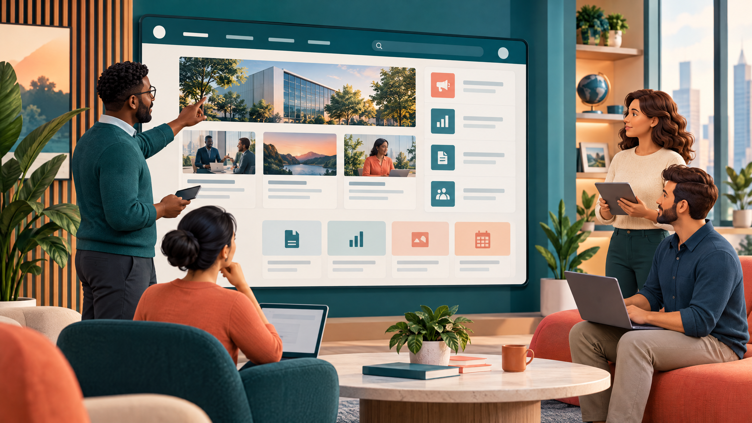 Deep teal and coral editorial illustration of a SharePoint-style information hub with news cards, reports, and navigation