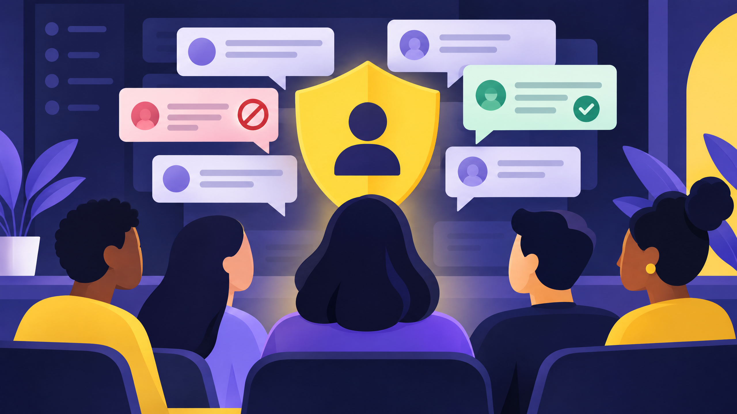 Yellow and violet editorial illustration of Teams conversation bubbles behind a moderator shield and people icons