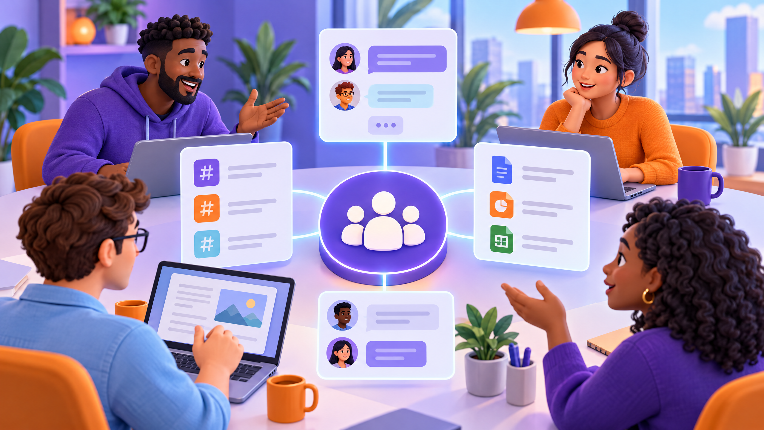 Violet and orange editorial illustration of a collaborative Teams workspace with people, channels, files, and chat bubbles