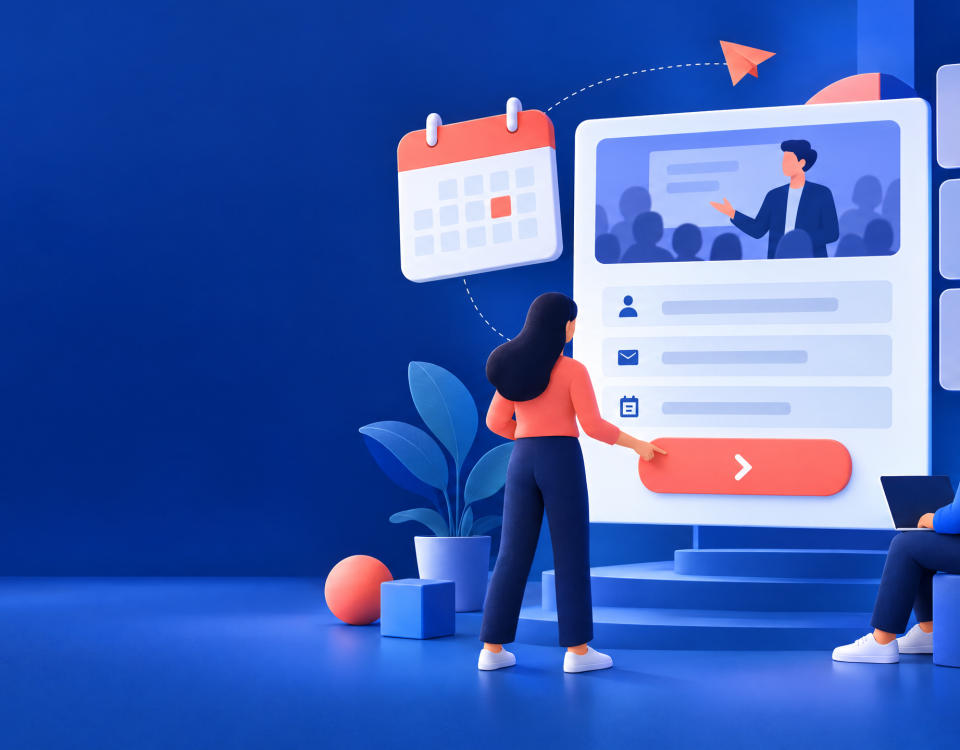 Blue and coral editorial illustration of a calendar and people registering for an online webinar