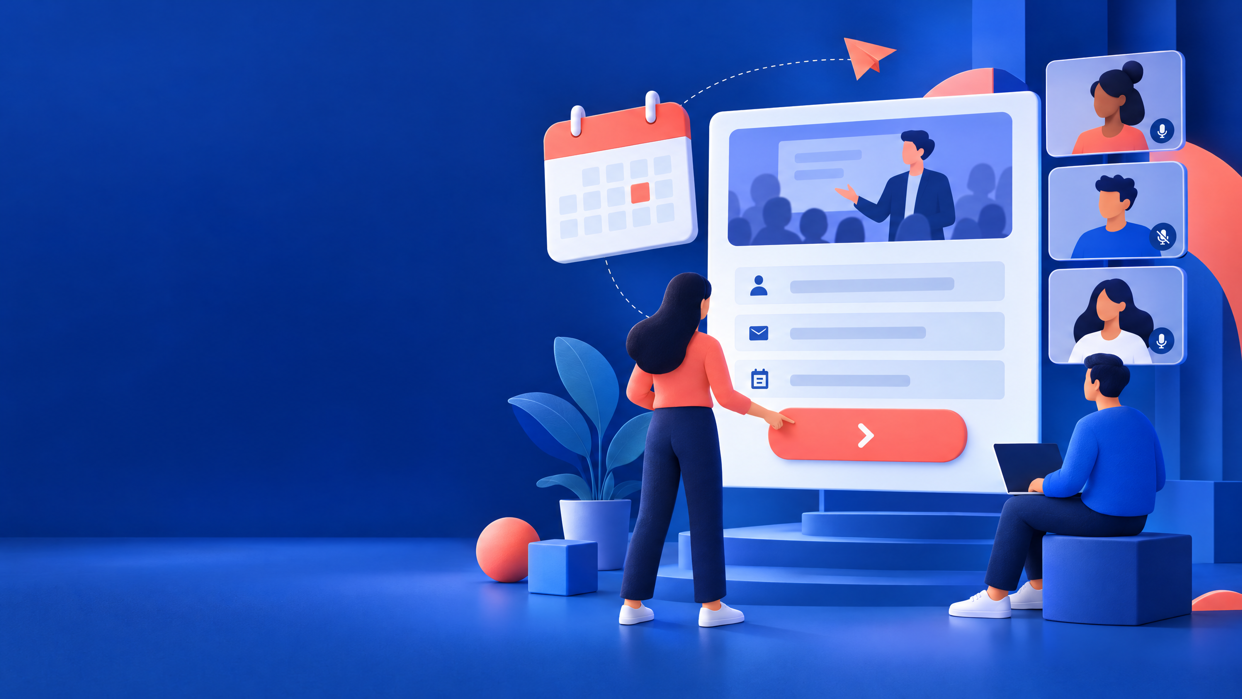 Blue and coral editorial illustration of a calendar and people registering for an online webinar