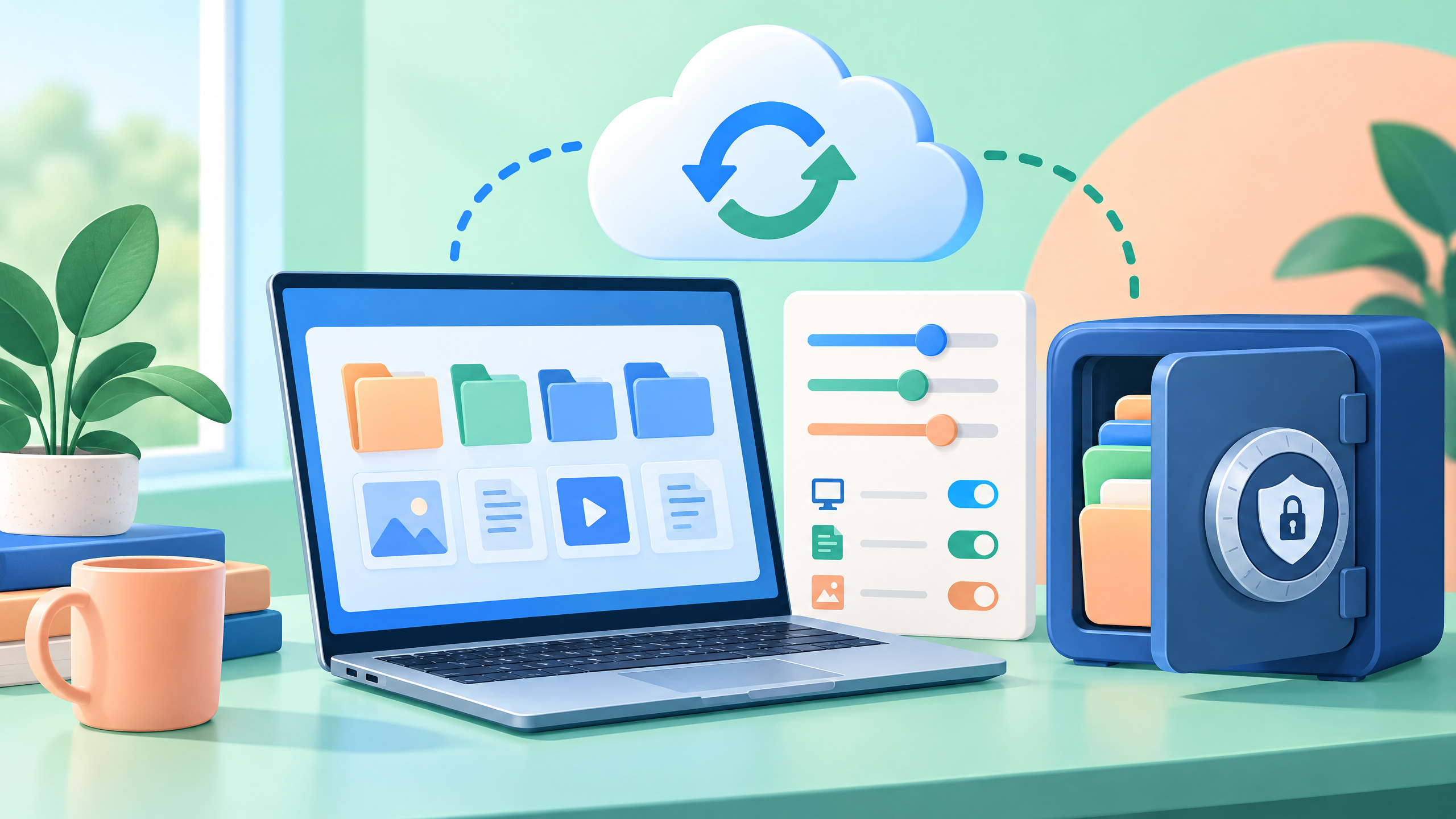 Mint and blue editorial illustration of a Windows laptop, folders, settings controls, and cloud backup arrows