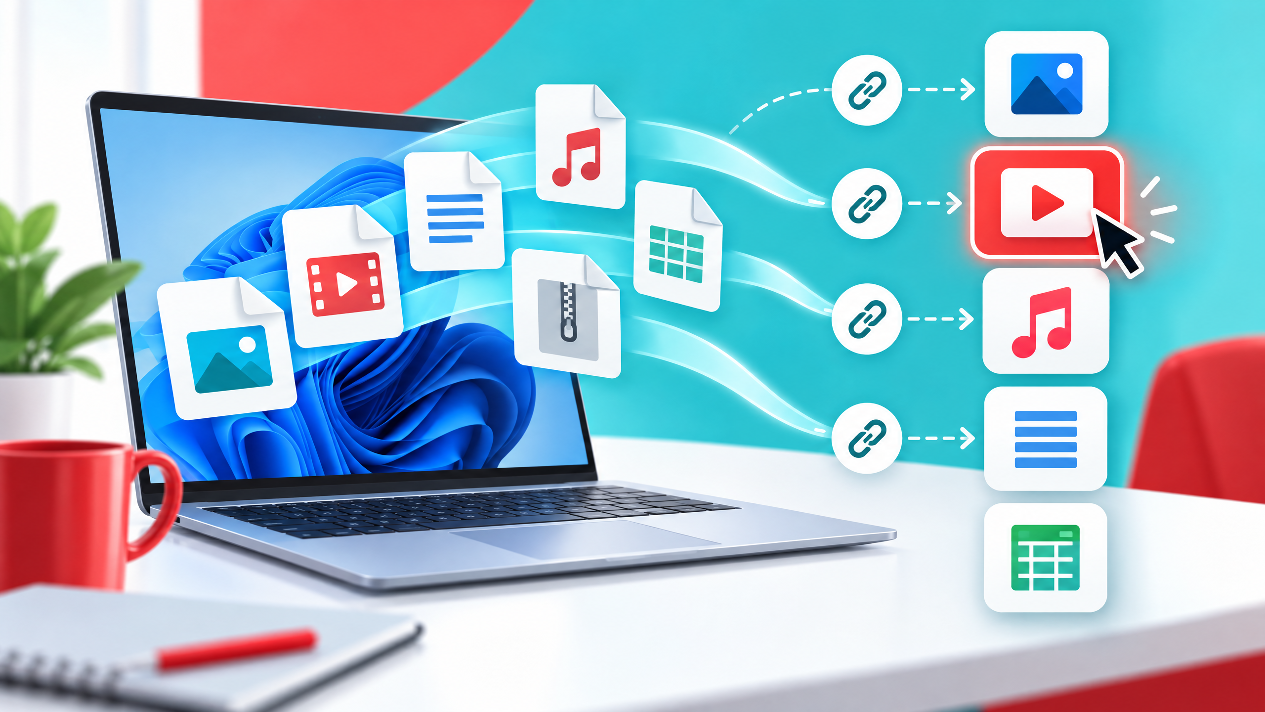 Turquoise and red editorial illustration of a laptop with files flowing toward selectable app tiles and link symbols