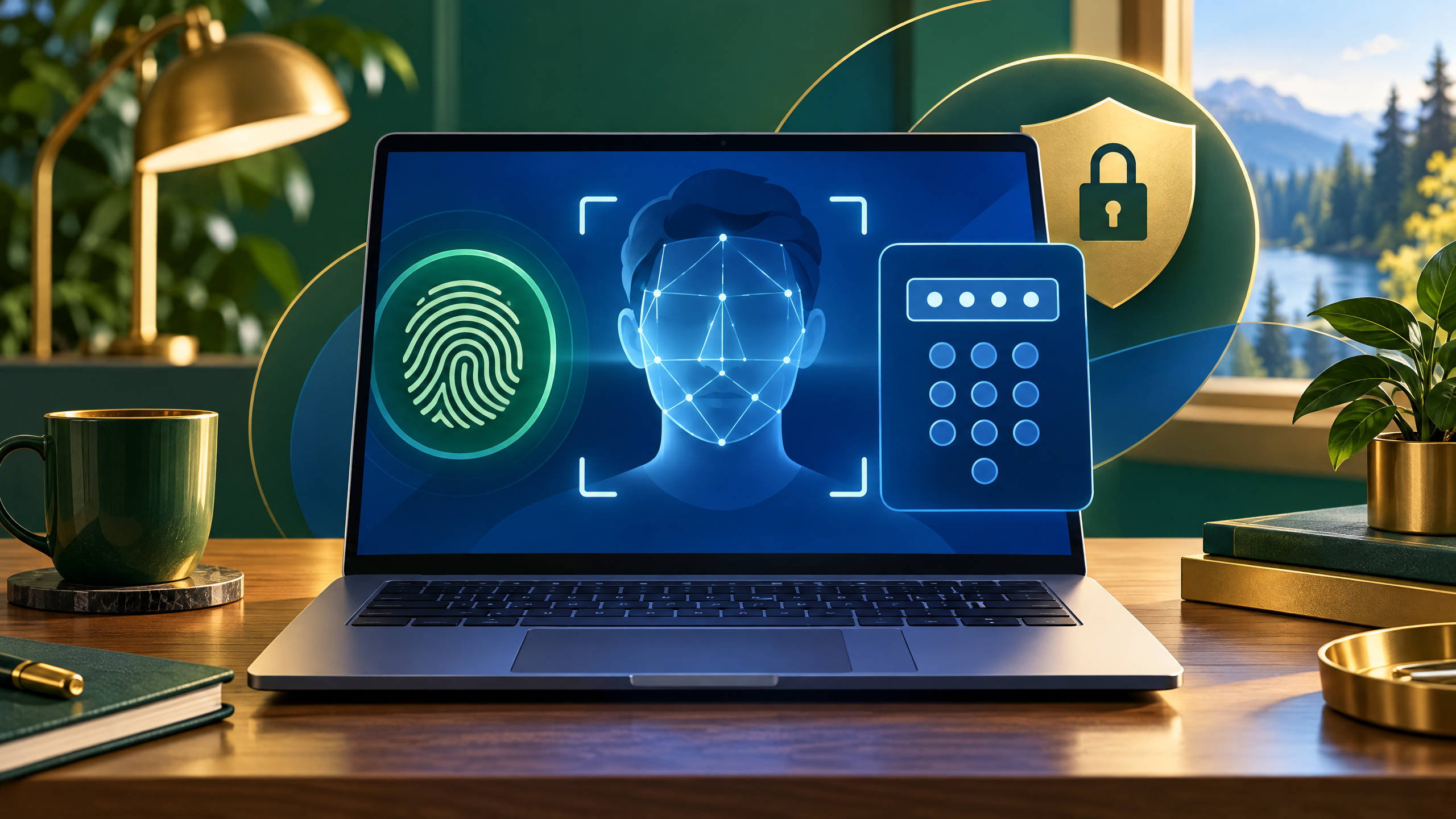 Forest green and royal blue editorial illustration of a Windows laptop with face scan, fingerprint, and secure PIN motifs
