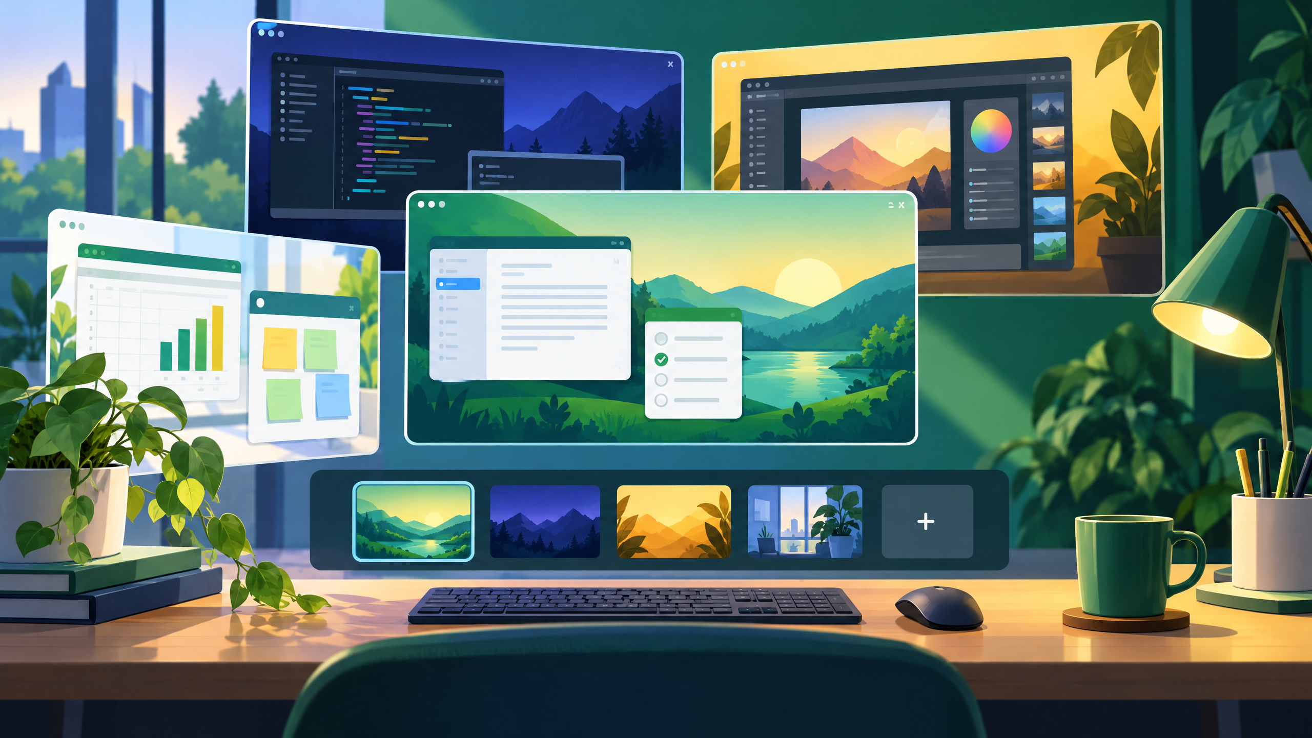 Emerald green and indigo editorial illustration of layered Windows desktop workspaces with app silhouettes