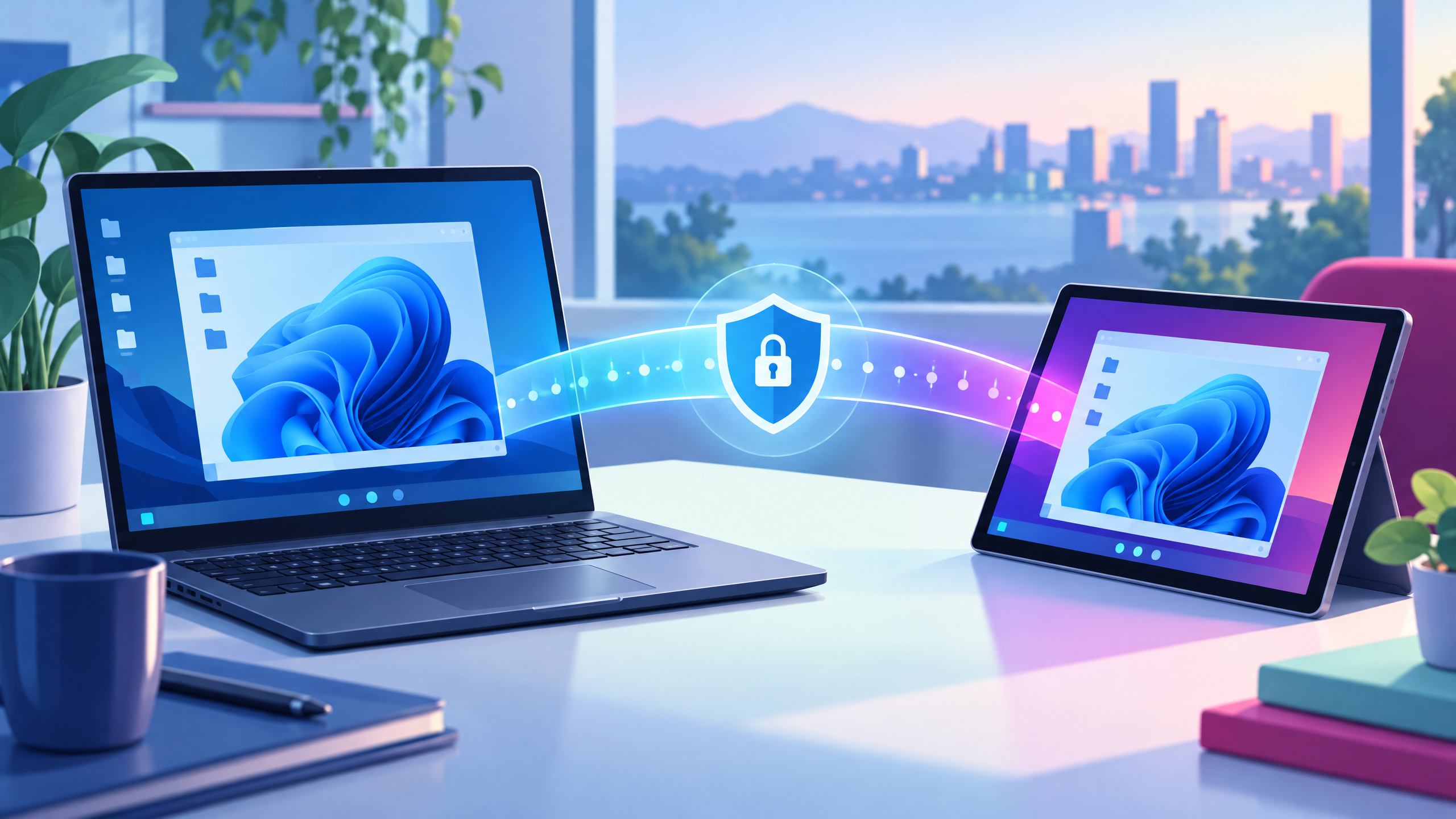 Cobalt and magenta editorial illustration of a laptop and tablet connected by a secure bridge with a shield