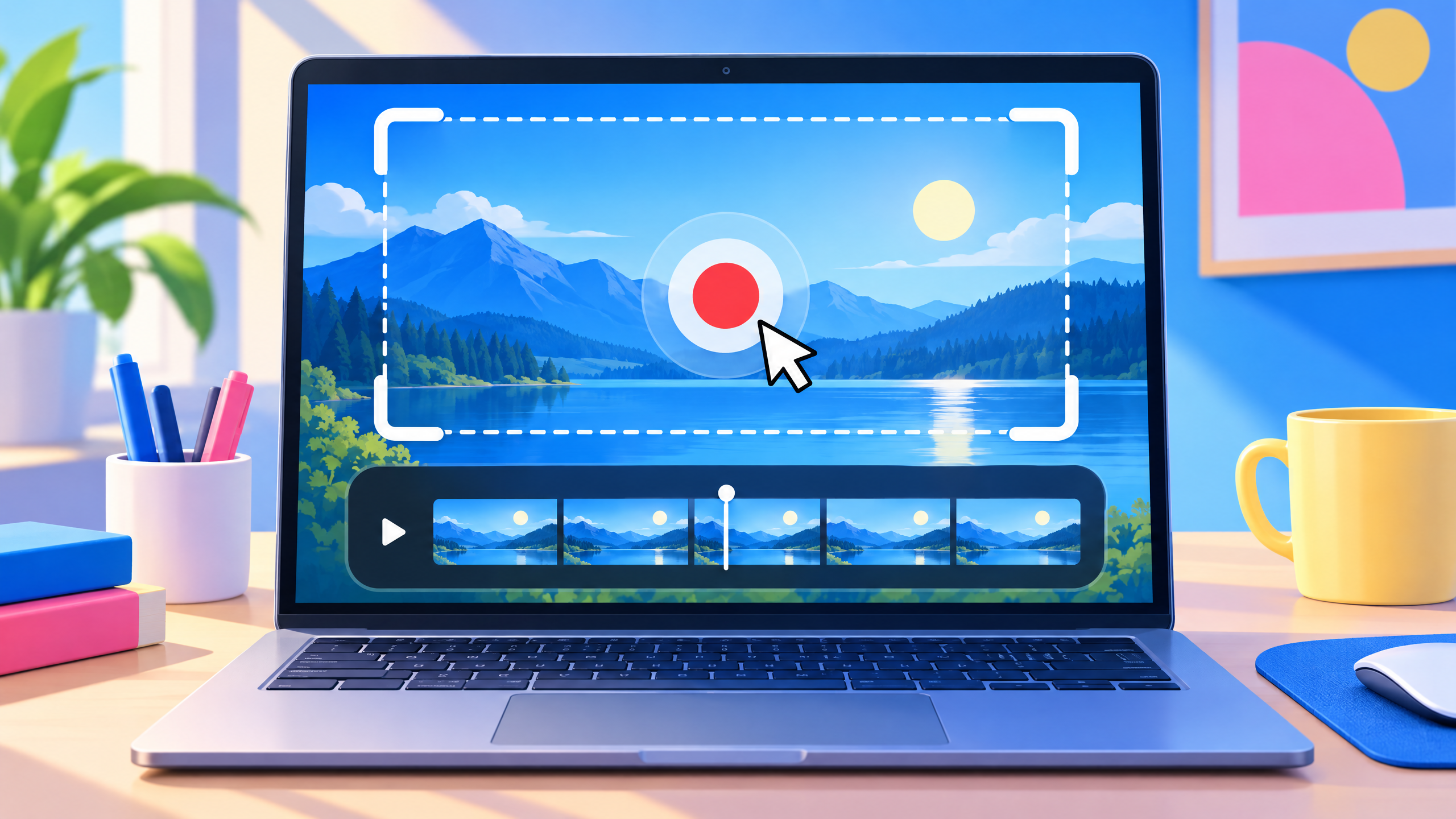 Vivid blue and pink editorial illustration of a Windows laptop with a rectangular capture frame and recording timeline