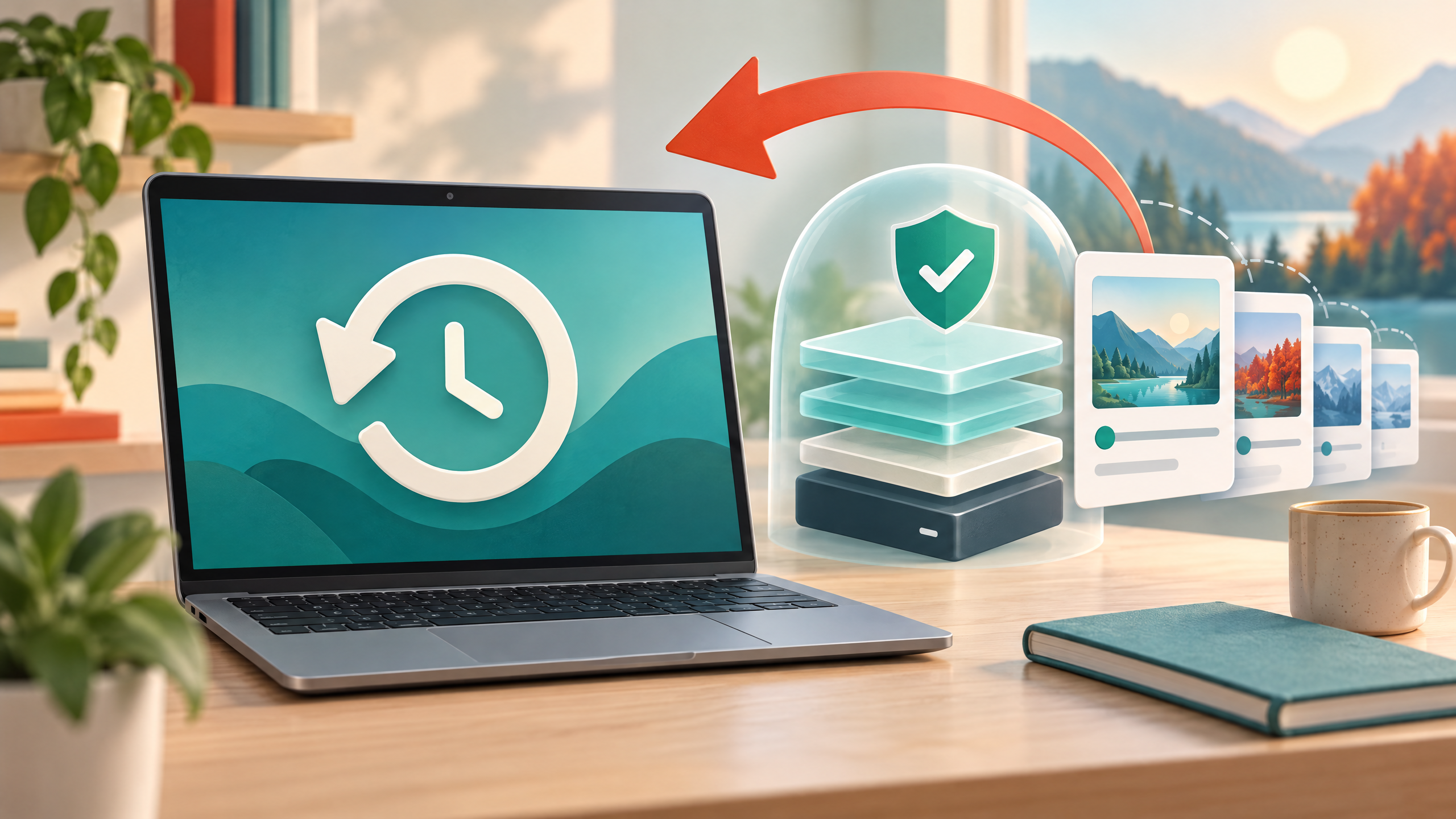 Teal and orange editorial illustration of a Windows laptop, restore arrow, and protected system snapshot layers