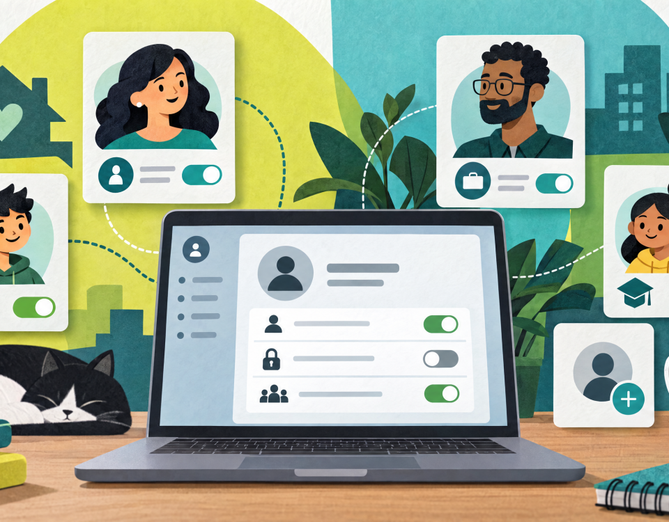 Warm lime and teal illustration of Windows user profile cards around a laptop for separate accounts