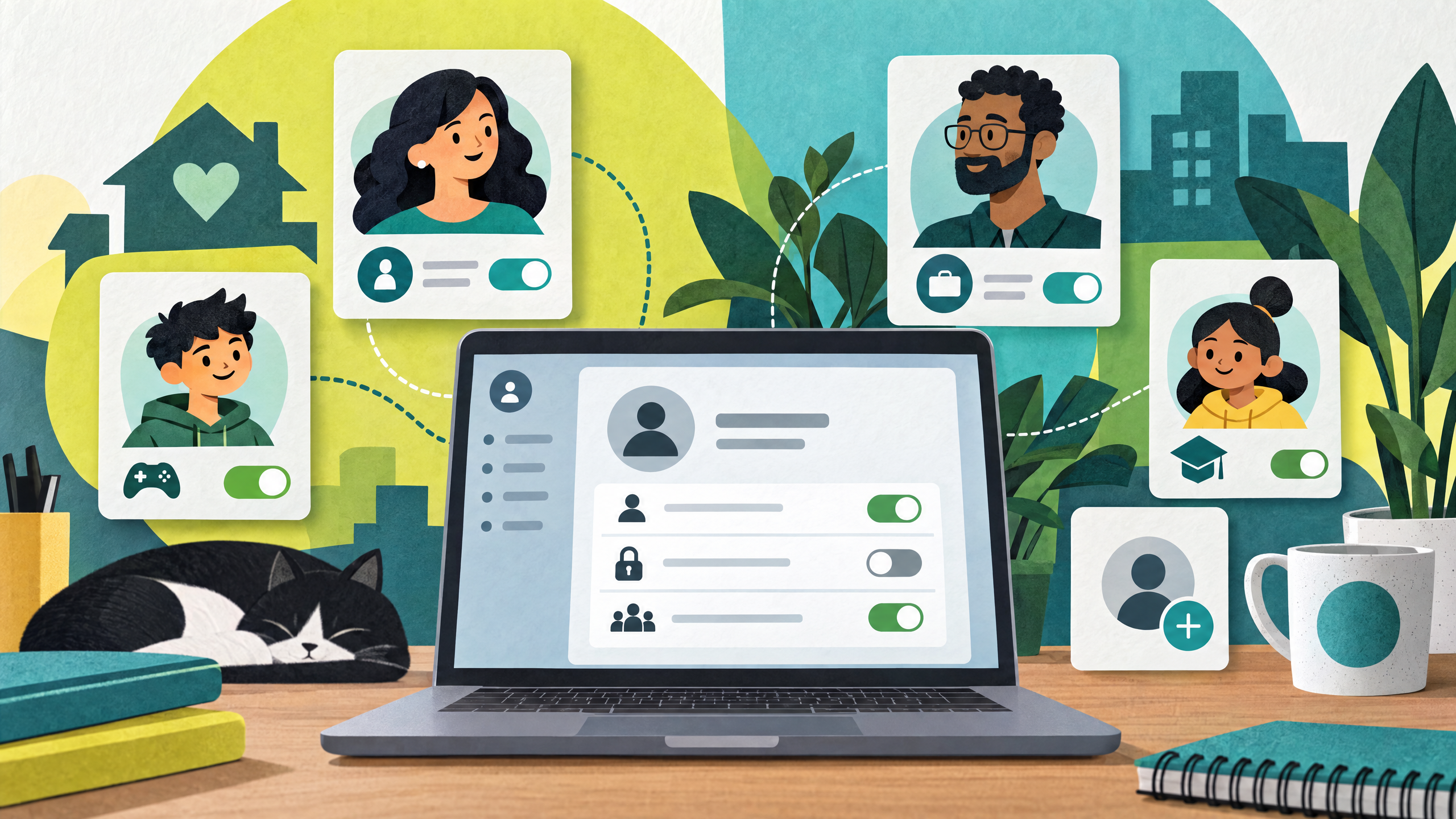 Warm lime and teal illustration of Windows user profile cards around a laptop for separate accounts