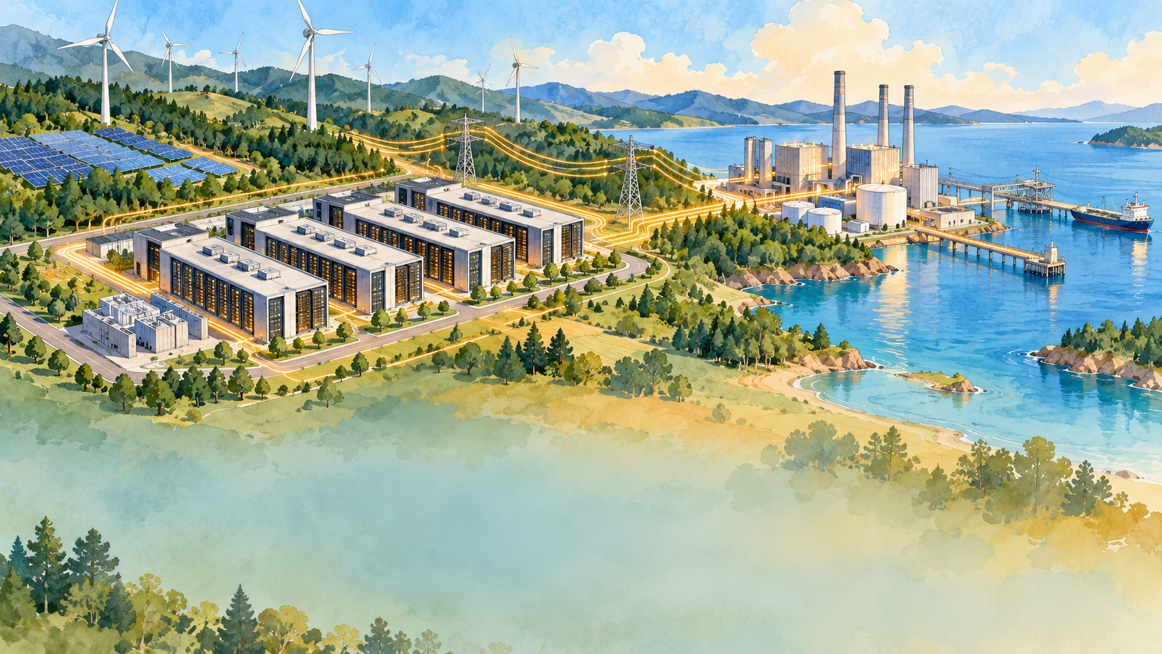 Conceptual watercolor of a data center and power station beside a bay; illustrative scene, not the Chiba site.