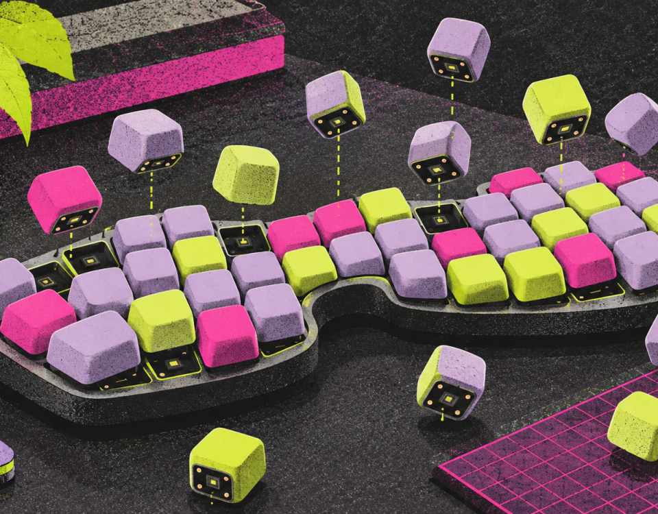 Risograph illustration of individual blank key modules grouping into a curved keyboard in lime and magenta.