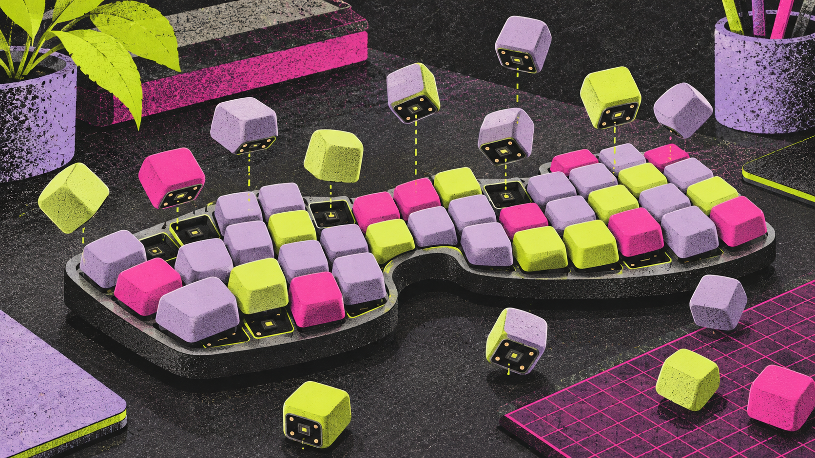 Risograph illustration of individual blank key modules grouping into a curved keyboard in lime and magenta.