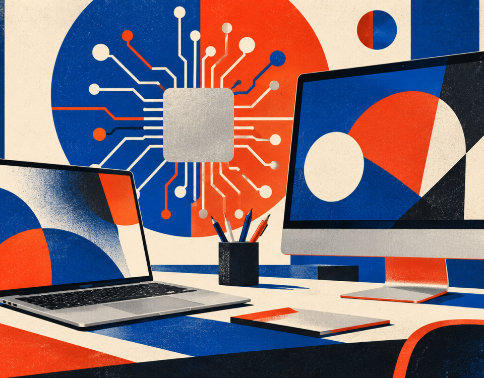 Bauhaus-style illustration of a generic laptop and colourful desktop with an abstract chip motif.