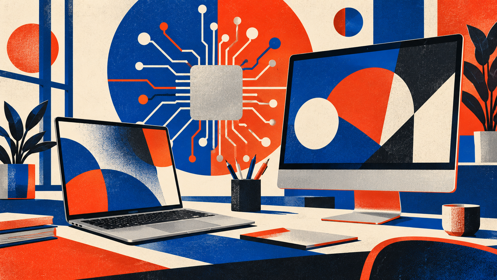 Bauhaus-style illustration of a generic laptop and colourful desktop with an abstract chip motif.