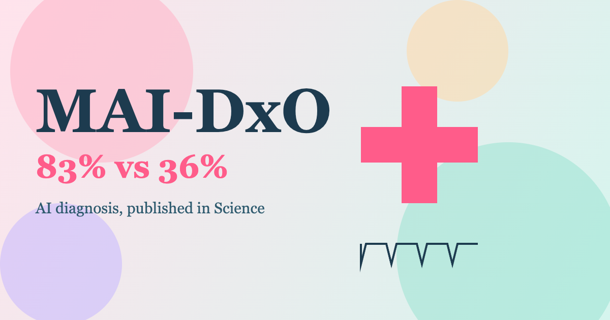 Pastel medical graphic with a cross and text MAI-DxO 83% vs 36% AI diagnosis published in Science