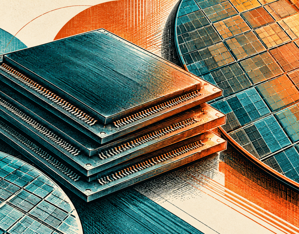 Cyan and orange etched illustration of stacked memory chips and semiconductor wafers.