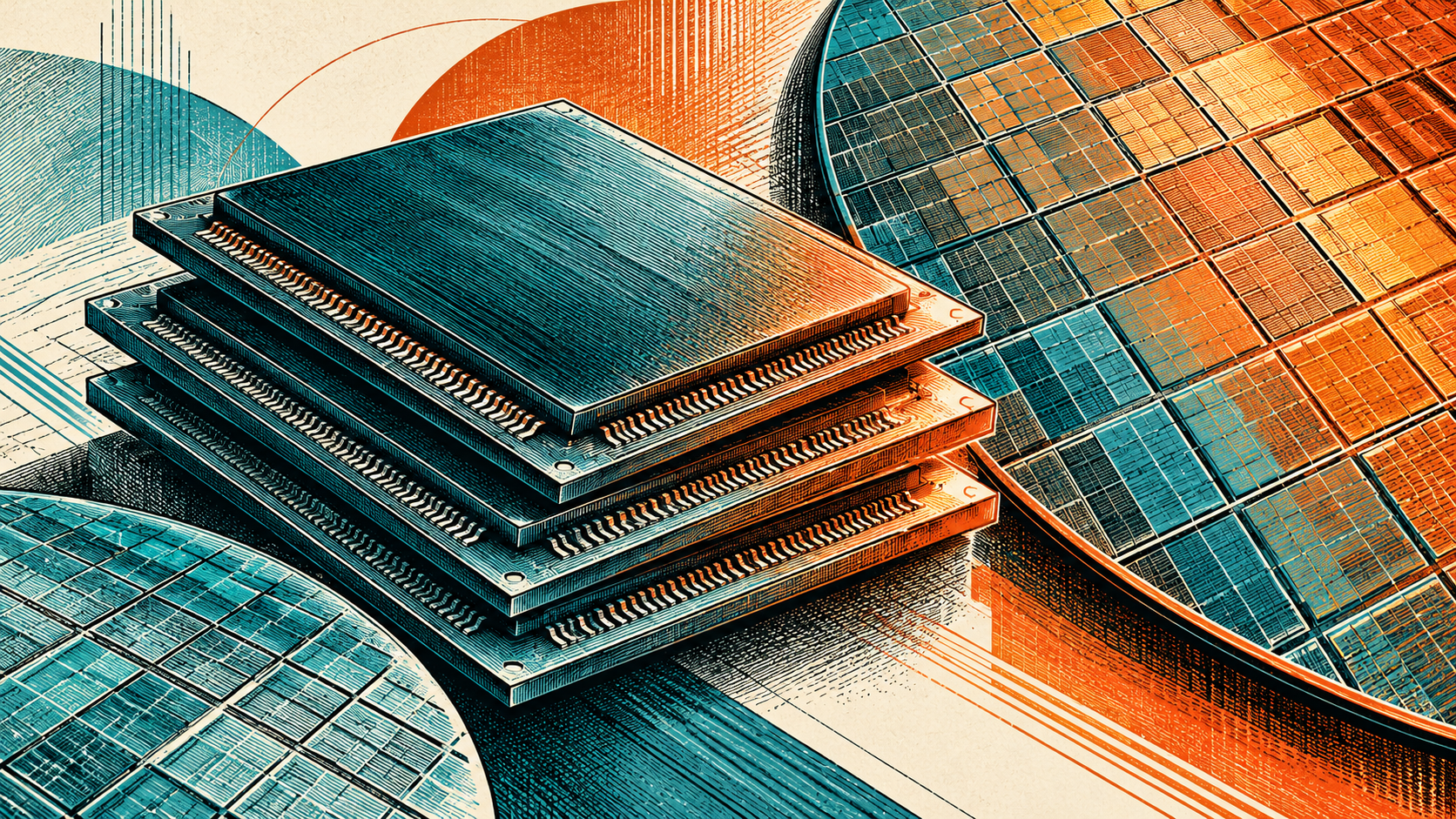Cyan and orange etched illustration of stacked memory chips and semiconductor wafers.